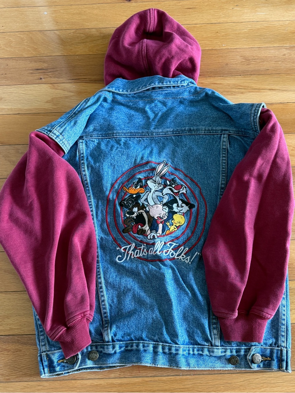 Warner Bros. Kids Denim Jacket with Burgundy Hood & Sleeves